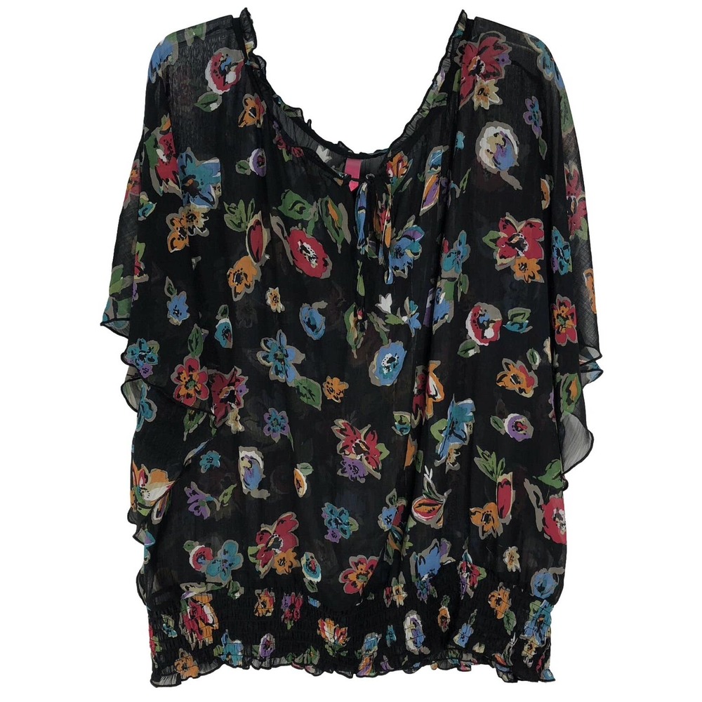 Pure Energy Size 3 Black Sheer Blouse With Floral Print 3/4 Batwing Sleeve-262